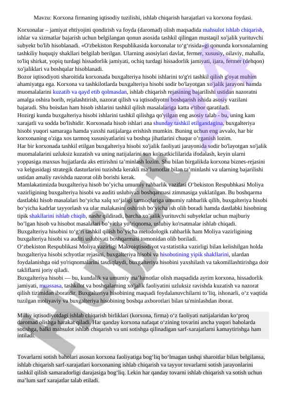 Korxona firmaning iqtisodiy tuzilishi va foydasi
