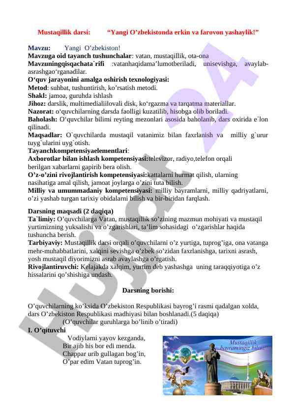 Mustaqillik darsi: yangi o’zbekistonda erkin yashaylik