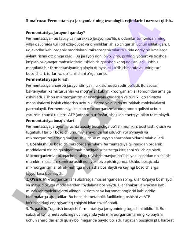 Fermentatsiya jarayonlarining texnologik rejimlari