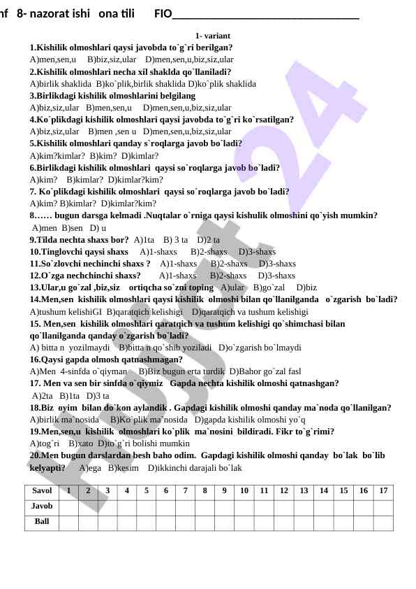 Kishilik olmoshlari test savollari