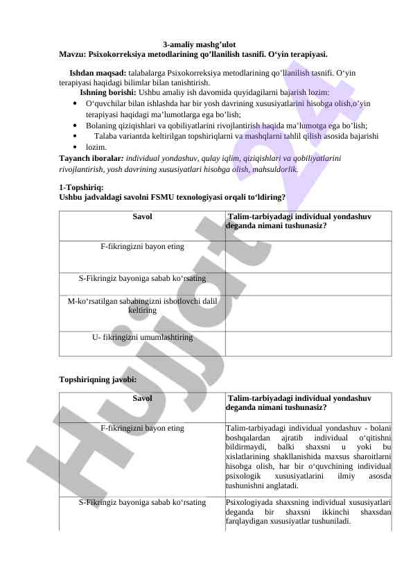 Psixokorreksiya metodlarining qo‘llanilishi tasnifi