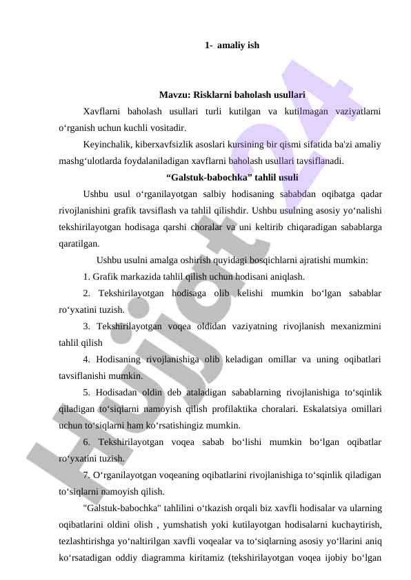 Risklarni baholash usullari haqida amaliy ish