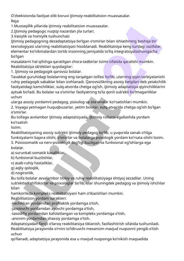 Ijitimoiy-reabilitatsion muassasalar o’zbekiston