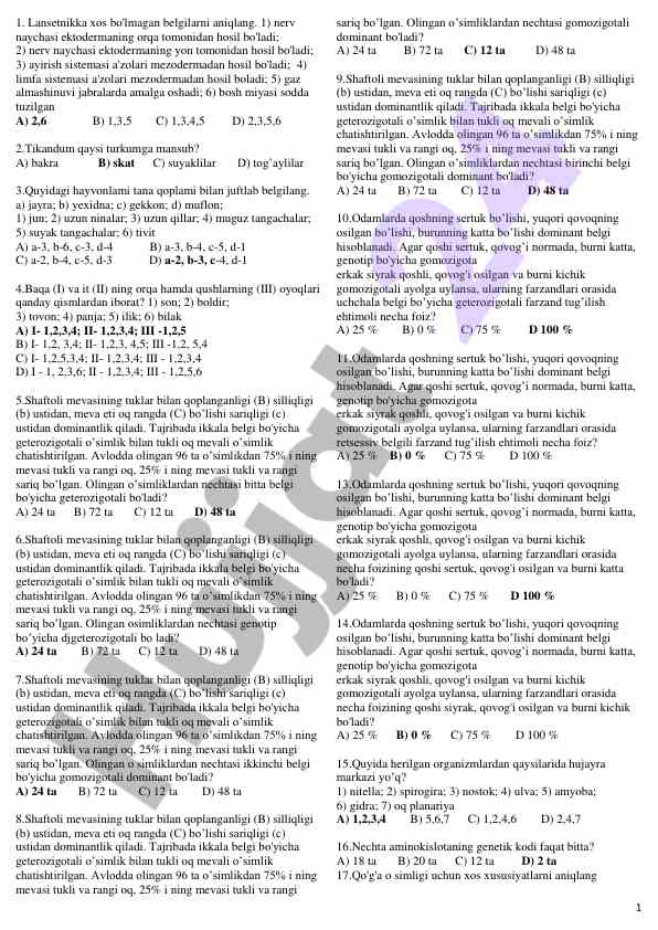 Biologiya tarzida savol javob testlari