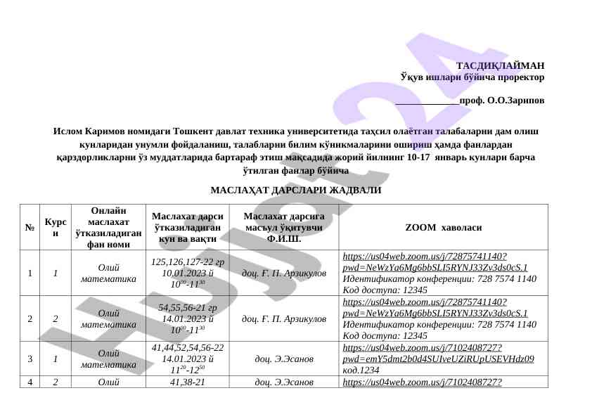 Maslahat darslari jadvallarini o'tkazish rejasi