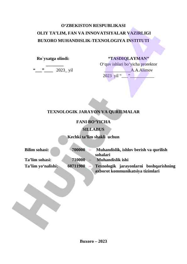 Texnologik jarayon va qurilmalar fani sillabi