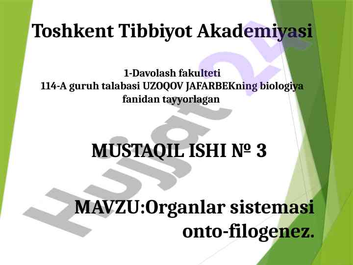 Organlar sistemasi onto-filogenez biologiya mustaqil ish