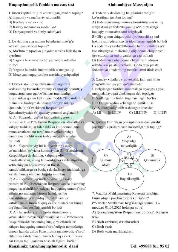 Huquqshunoslik fanidan maxsus testlar