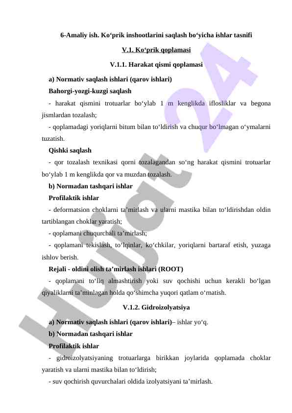 Ko‘prik inshootlarini saqlash bo‘yicha amaliy ish