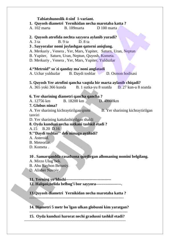 Tabiatshunoslik 4-sinf 1-variant savollari