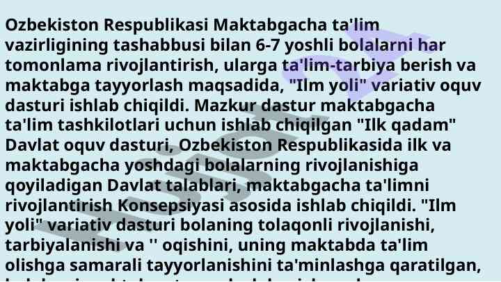 Ilm yoli variativ o‘quv dasturi maktabgacha ta'lim