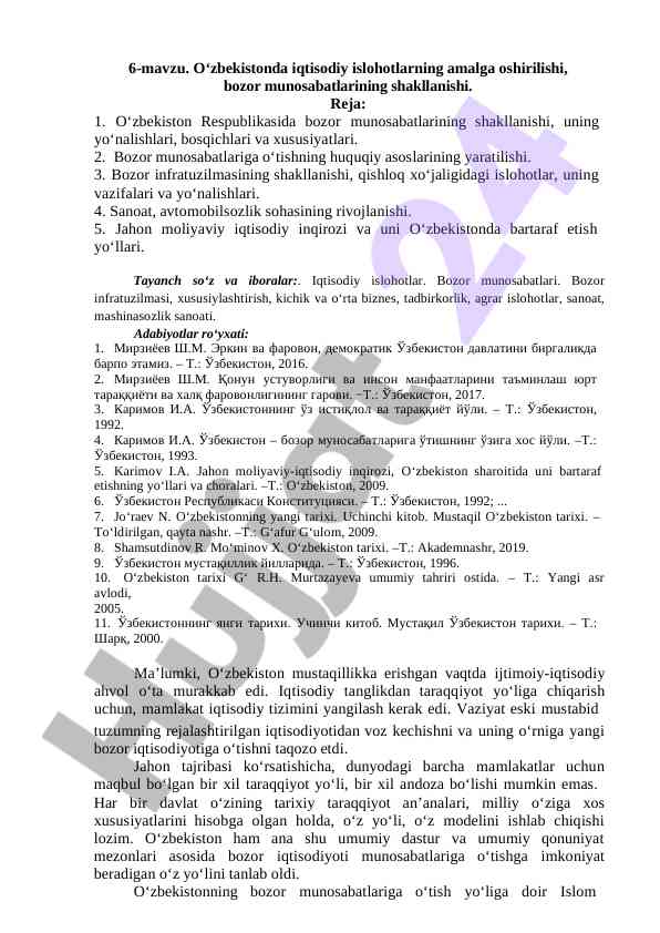 O'zbekistonda iqtisodiy islohotlar va bozor munosabatlari
