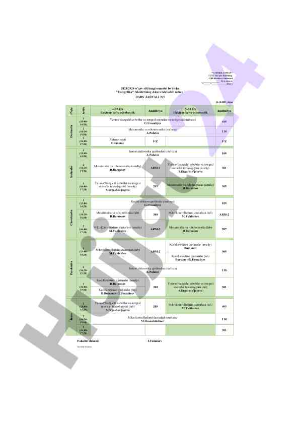 Mexatronika va robototexnika dars jadvali 2023