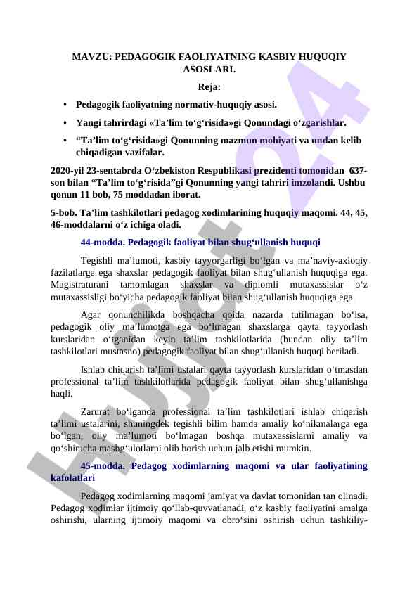 Pedagogik faoliyatning kasbiy huquqiy asoslari
