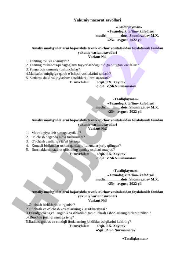 Texnik o'lchov vositalari bo'yicha yakuniy savollar