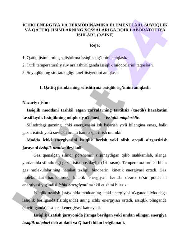 Ichki energiya va termodinamikada laboratoriya ishlari