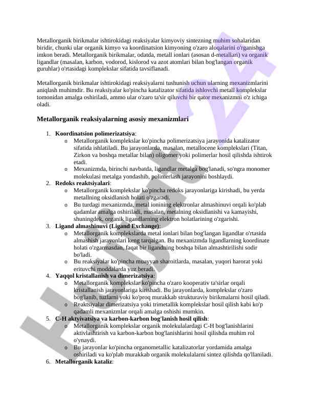 Metallorganik birikmalar ishtirokidagi reaksiyalar