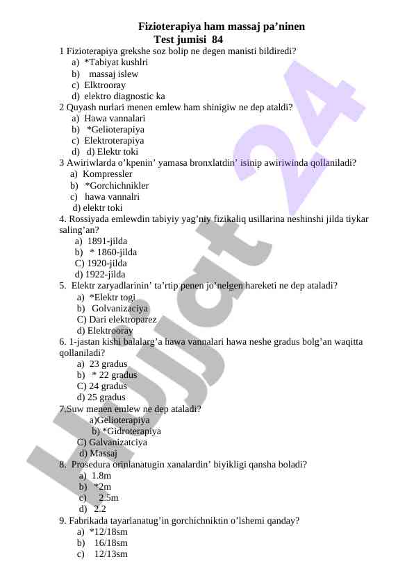 Fizioterapiya Va Massaj Test Savollari