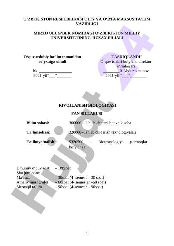 Rivojlanish biologiyasi fan sillabusi tafsifi