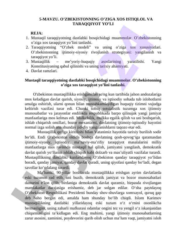 O'zbekiston taraqqiyot yo'li va muammolari