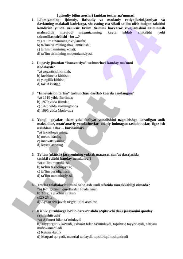Iqtisodiy bilim asoslari fanidan testlar na’munasi