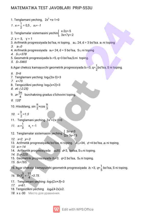 Matematika test javoblari va tenglamalar