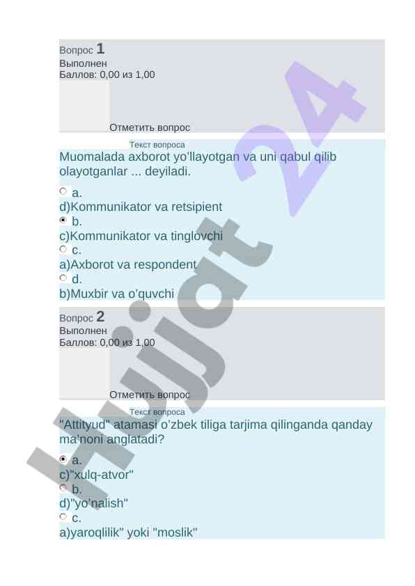 Psixologiya fani bo'yicha test savollari