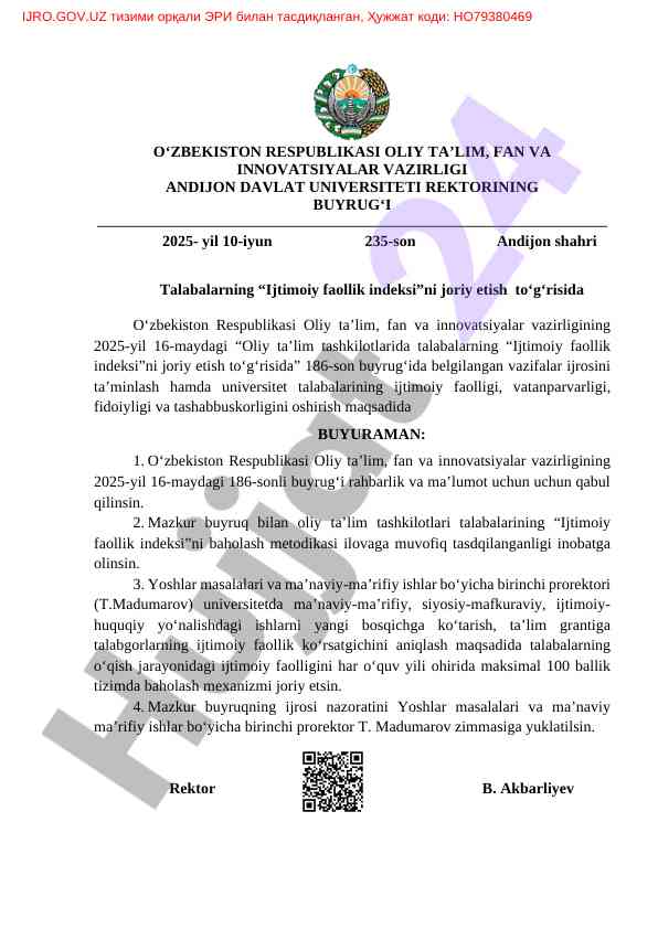 Ijtimoiy faollik indeksini joriy etish buyrug‘i
