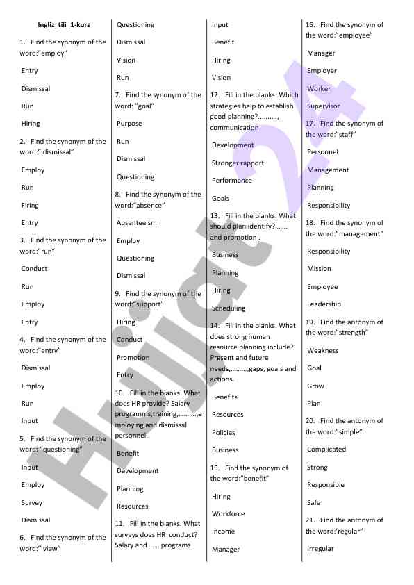 Synonym identification activities for english course
