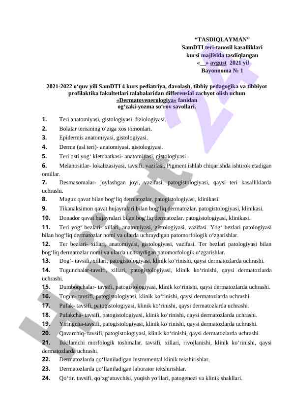 Dermatovenerologiya fanidan savollar
