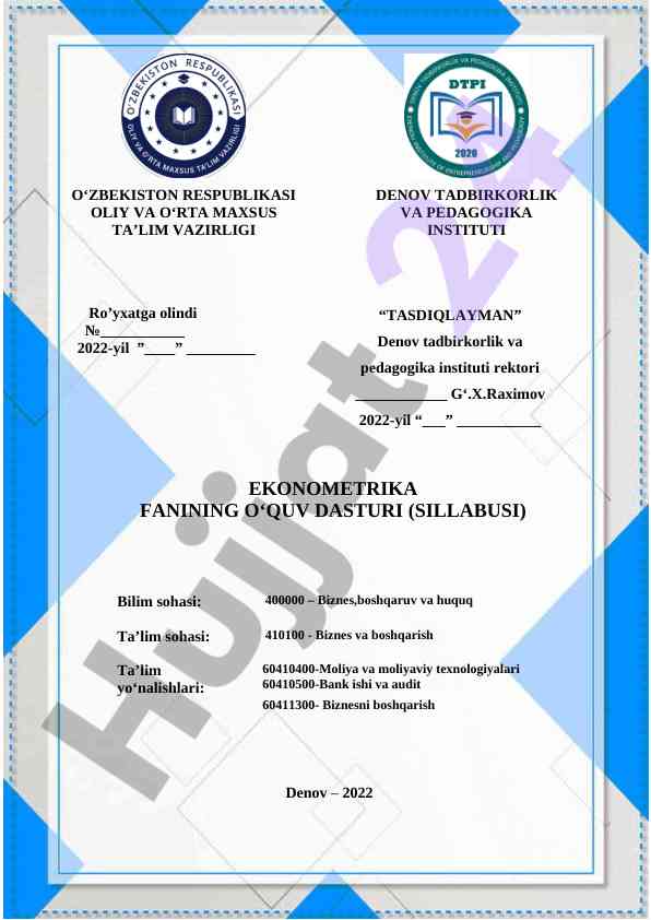 Oʻquv dasturi: ekonometrika fani sillabusi