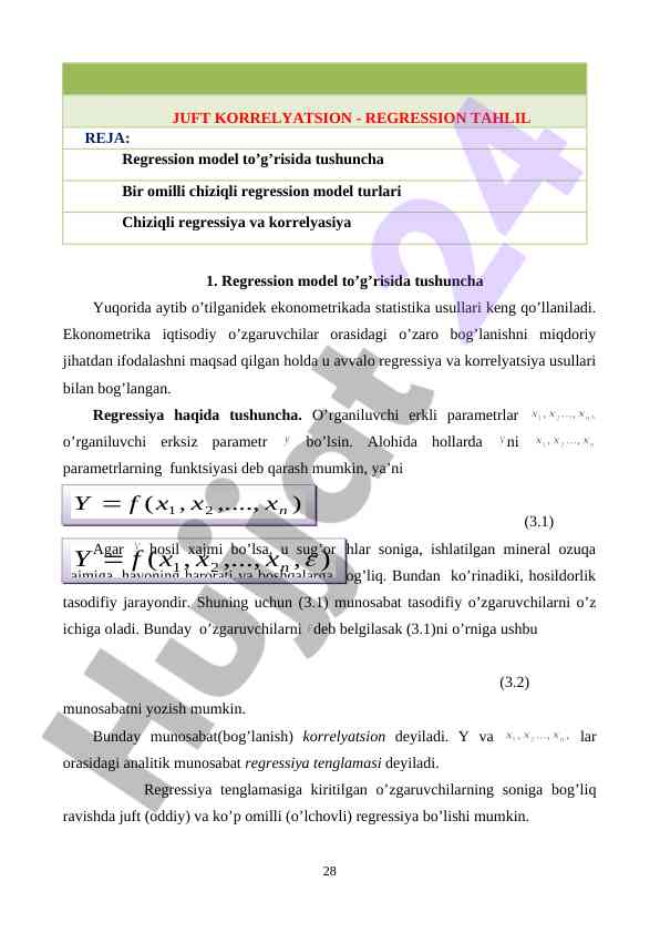Juft korrelyatsion - regression tahlil
