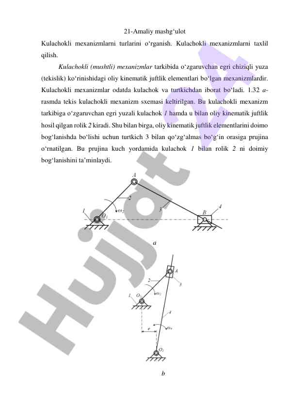Kulachokli mexanizmlarni o‘rganish amaliy mashg‘uloti