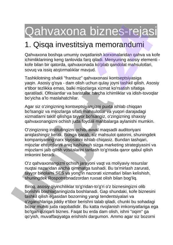 Qahvaxona biznes-rejasi va investitsiya memorandumi