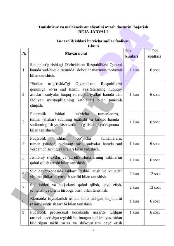 Fuqarolik ishlari bo‘yicha sudlar faoliyati reja jadvali