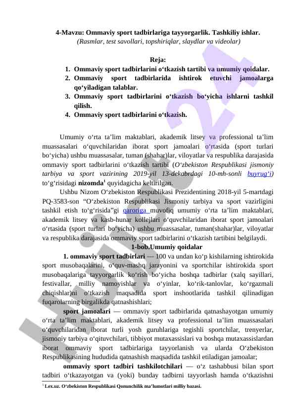 Ommaviy sport tadbirlariga tayyorgarlik rejasi