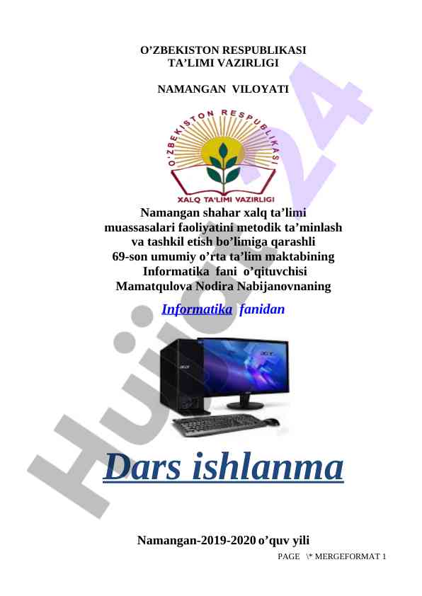 Informatika fani dars ishlanmasi ms excel 2019-2020