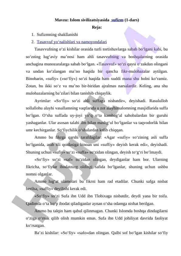 Islom sivilizatsiyasida sufizm dars rejasi