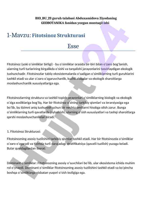 Fitotsinoz strukturasi va tashkil topish jarayonlari