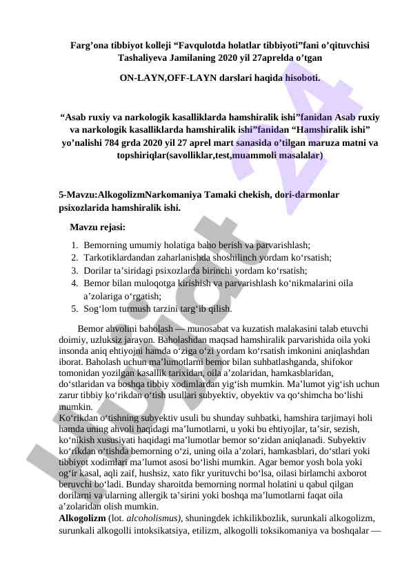 Asab ruxiy va narkologik kasalliklarda hamshiralik ishlari