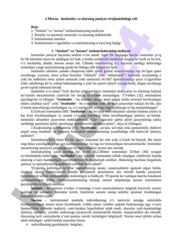Institutlar va jamiyat rivojlanishidagi roli