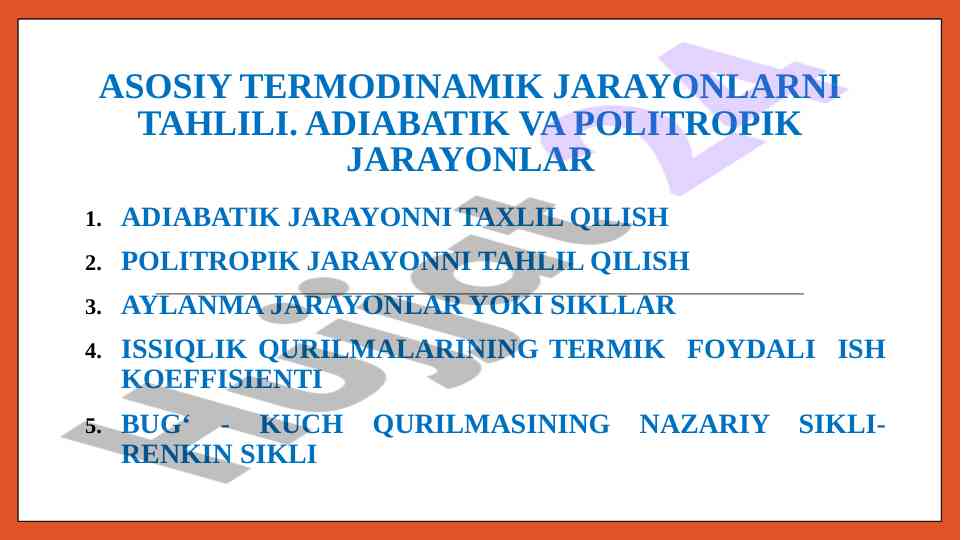 Asosiy termodinamik jarayonlar tahlili