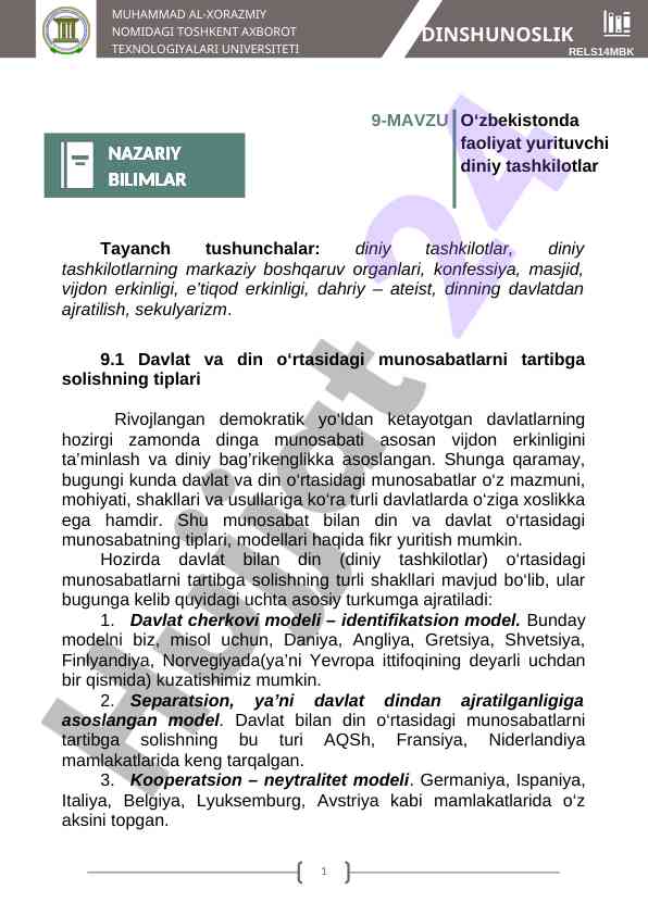 D davlat va din o‘rtasidagi munosabatlar tahlili