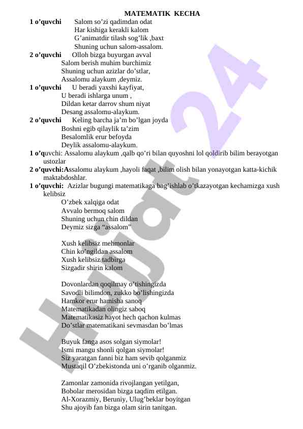 Matematika o’quvchilarga salom berish mavzusi