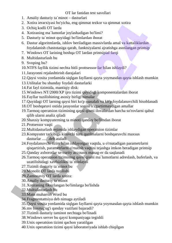 Ot fanidan test savollari va amaliy dasturlar
