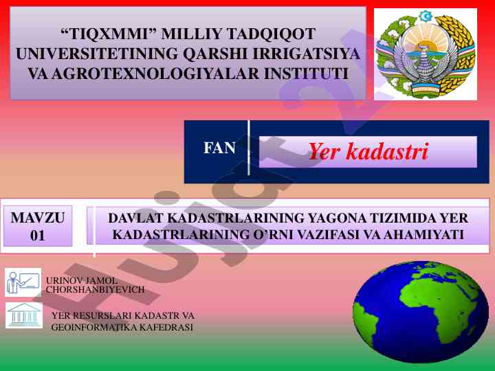 Yer kadastrlari kafedrasida davlat kadastrining ahmiyati