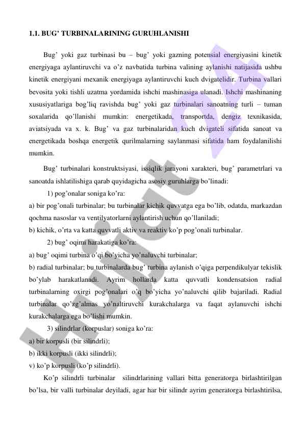 Bug’ turbinalarining guruhlanishi haqida ma'lumot