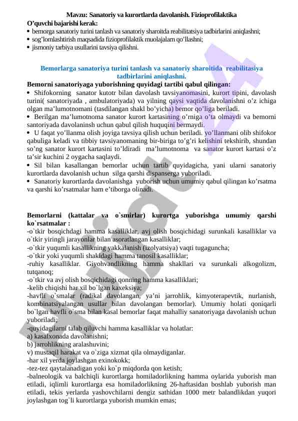 Sanatoriya va kurortlarda davolanish bo'yicha ma'lumotlar