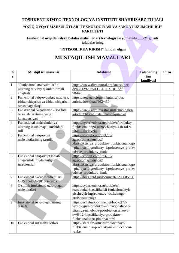 Oziq-ovqat mahsulotlari texnologiyalari mavzulari