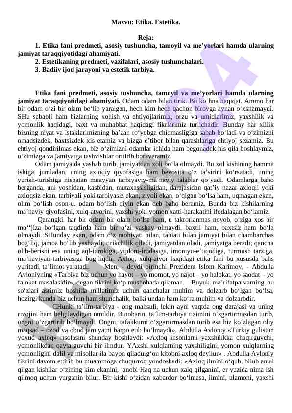 Etika va estetika fanlarining asosiy tushunchalari